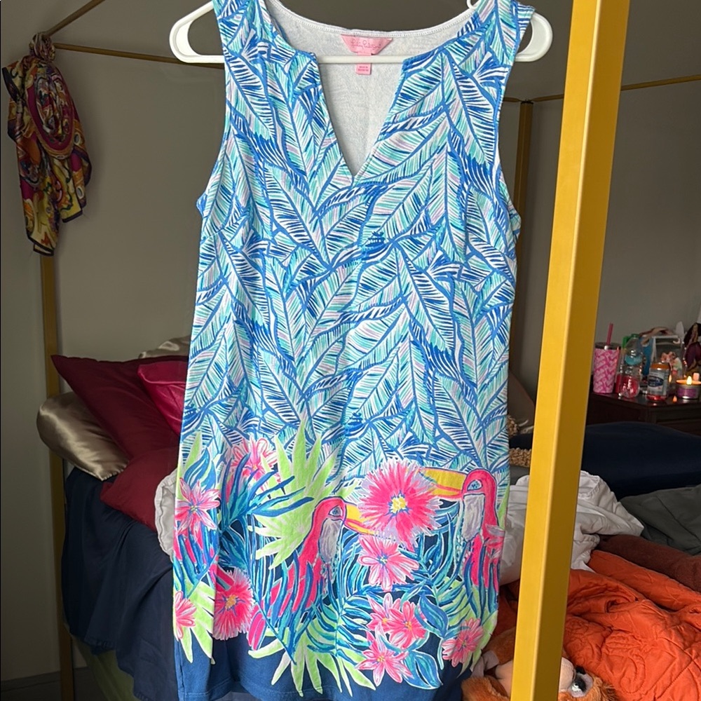 Tropical Blue Sleeveless Dress with Parrot Print Lilly Pulitzer size small